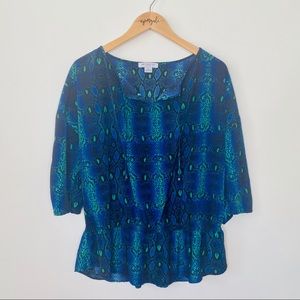 Liz Claiborne Ruched Snake Skin Print Blouse Top Blue Green Size Petite XL